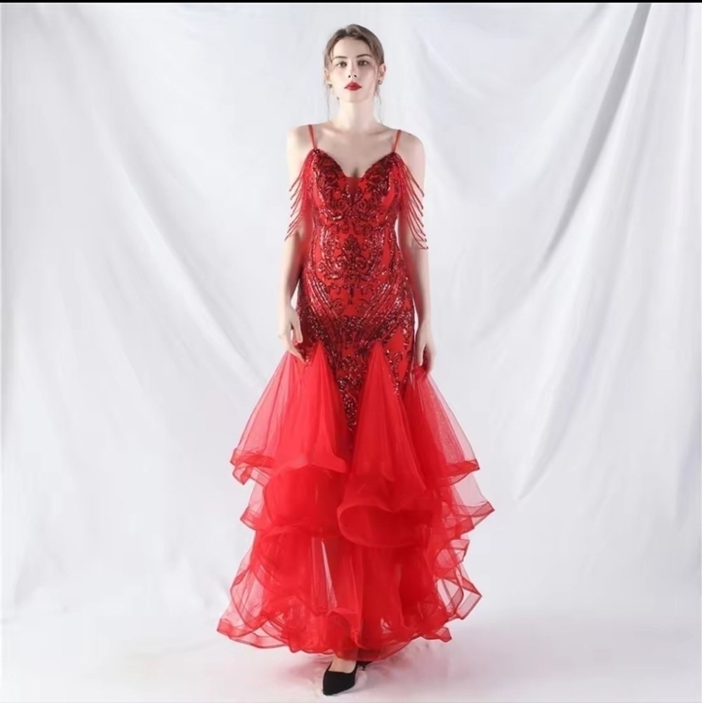 Red, Abstract Print,  Beaded Draped Sleeves,  V Neck, Mermaid Gown